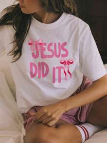 Women's Summer Casual Colorful Letter Jesus Did It Simple Bow Printed Pattern Round Neck T-Shirt Fashionable And Versatile, Girl. Graphic Tees Women White Top - White - View 3