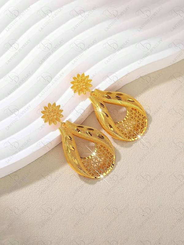 Elegant Middle Eastern Women Dubai 24K Gold Plated Floral Earrings, Delicate Arabic Jewelry Party & Wedding Gift