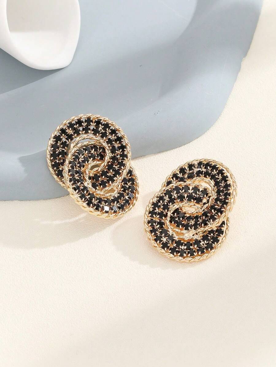 1 Pair Black Luxury Crystal Diamond Hoop Earrings For Party