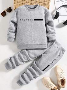 Tween Boy Letter Print Warm Crew Neck Sweatshirt And Pants Set