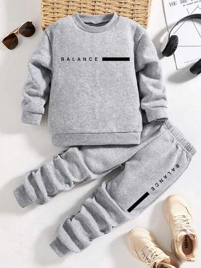 Tween Boy Letter Print Warm Crew Neck Sweatshirt And Pants Set