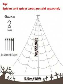 1Set Giant Spider Web, Triangle Spider Web (Including Ground Stakes), Fake Big Spider, Suitable For Yard, Lawn, Party, Haunted House Decoration, Halloween Theme Party Background Decor - Multicolor - View 7
