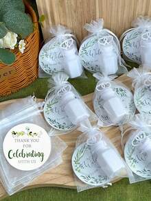 15件/套，婚礼迷你泡泡，婚礼宾客礼品套装，双爱透明泡泡瓶（不含液体），感谢绿叶圆卡，白色透明硬纱袋，拍照道具，适用于新娘送礼会，宾客礼物 - 白色 - 查看 7