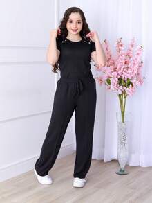 LANZINHA SET - PANTALON PANTS WITH SHORT SLEEVE BLOUSE - Black - View 1