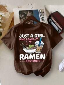 Tween Girls' Casual Summer Artistic Color Letter Printed Cute Milktea Design Cartoon Pattern Short Sleeve T-Shirt Cartoon Childlike Student Youth Artistic Tee Short Sleeve Girls Top Kids