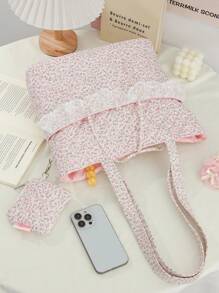 1 Bolso de hombro acolchado con monedero, Bolso de tote esponjoso con estampado floral menudo, Bolso de hombro con cremallera, Bolso corto de viaje, Bolso rosa de viaje, Bolsa de compras, Accesorio de bolso, Para viajes, trabajo y compras