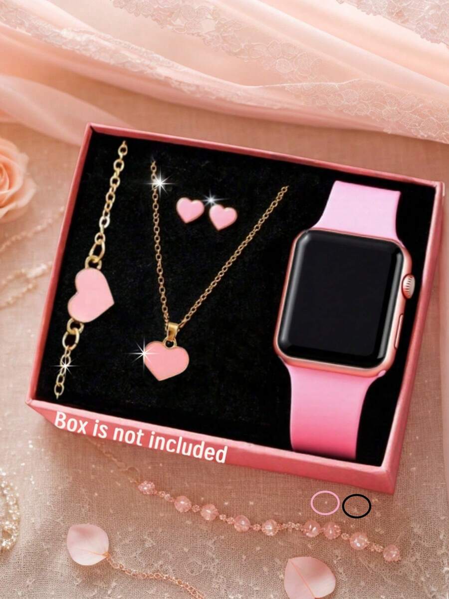 5/1pc Casual Girl Silicone Digital Display Electronic Watch Set With Heart-Shaped Bracelet, Necklace, Earrings And Jewelry Set, Suitable For Party Gifts, Vacation Supplies, Packing For Travel, Vacation Outfits, Back To School,And Buying Gifts To Give To Friends And Relatives - Multicolor - View 1