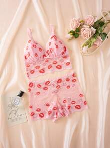 Set de 3 piezas Ropa interior de mujer con encaje francés romántico y sexy, que incluye sujetador sin aros con espalda descubierta y camiseta