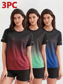 3 piezas Camiseta de manga corta deportiva para mujer con cuello redondo y degradado simple, adecuada para primavera y verano - Rojo - Ver 8