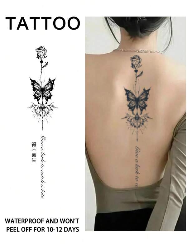 1Pc Spine Fake Tattoo Temporary Tattoos Semi Permanent Tattoo Butterfly Rose Waterproof Sweatproof Last For 1-2 Weeks Realistic Herbal Juice Anti-Friction Non-Reflective Black For Woman And Men Tattoo Stickers For Arm, Chest, Leg, Abdomen, Waist, Finger, Neck, Spine, Modernist Body Art