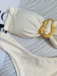 Beige Strapless Bikini Top With Removable Padded Cups, Elegant Casual Knot Ring - 米色 - 查看 3