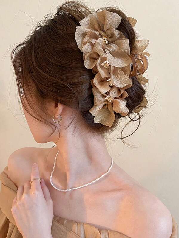 مشبك شعر نسائي بفيونكة كبيرة من التول اللامع ذات لون أحادي، إكسسوار شخصي أنيق مناسب للاستخدام اليومي، إكسسوارات شعر جميلة، مشبك شعر أنيق للاستخدام في فصلي الخريف والشتاء للإطلالات العصرية