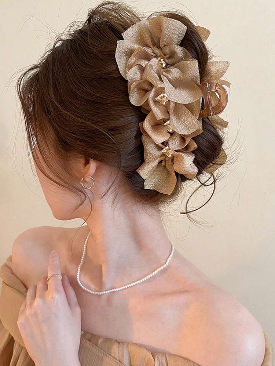 1pc Women Solid Color Glitter Super-Sized Tulle Bow Hair Clip, Stylish Personalized Accessory Suitable For Daily Use Fashion Hair Accessories Beauty Claw Clips Elegant Hair Claw Fall Winter For Vacation Outfits Woman Summer Beach