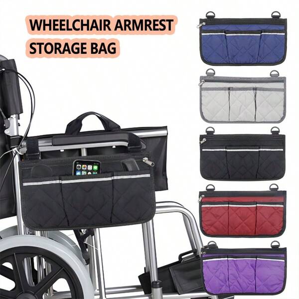 Bolsa de almacenamiento lateral para el reposabrazos de silla de ruedas eléctrica/manual, bolsa multibolsillo multifuncional para silla de ruedas, bolsa colgante plegable y portátil para silla de ruedas para salir