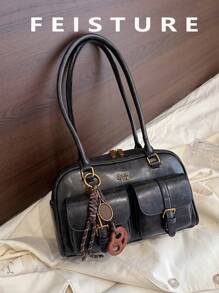 Borsa a spalla retrò da donna in pelle PU di colore tinta unita, con più tasche, grande capacità, con charm accessorio rimovibile