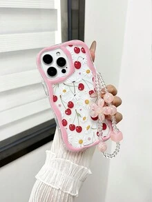 Cream Textured Wavy Edge Glossy Floral Cherry Painted Shockproof Phone Case With Handmade Beaded Bracelet Accessory, Compatible With IPhone 16/11/16pro/16plus/16promax/16e/15Promax/13/14/12/XS/XR/7G/8P, Compatible With Galaxy S25/S25PLUS/S25 Ultra/A16/A36/A26/A56/A50/A12 - Multicolor - View 8