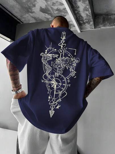 男式加大码夏季航海地图印花圆领 T 恤，Emo