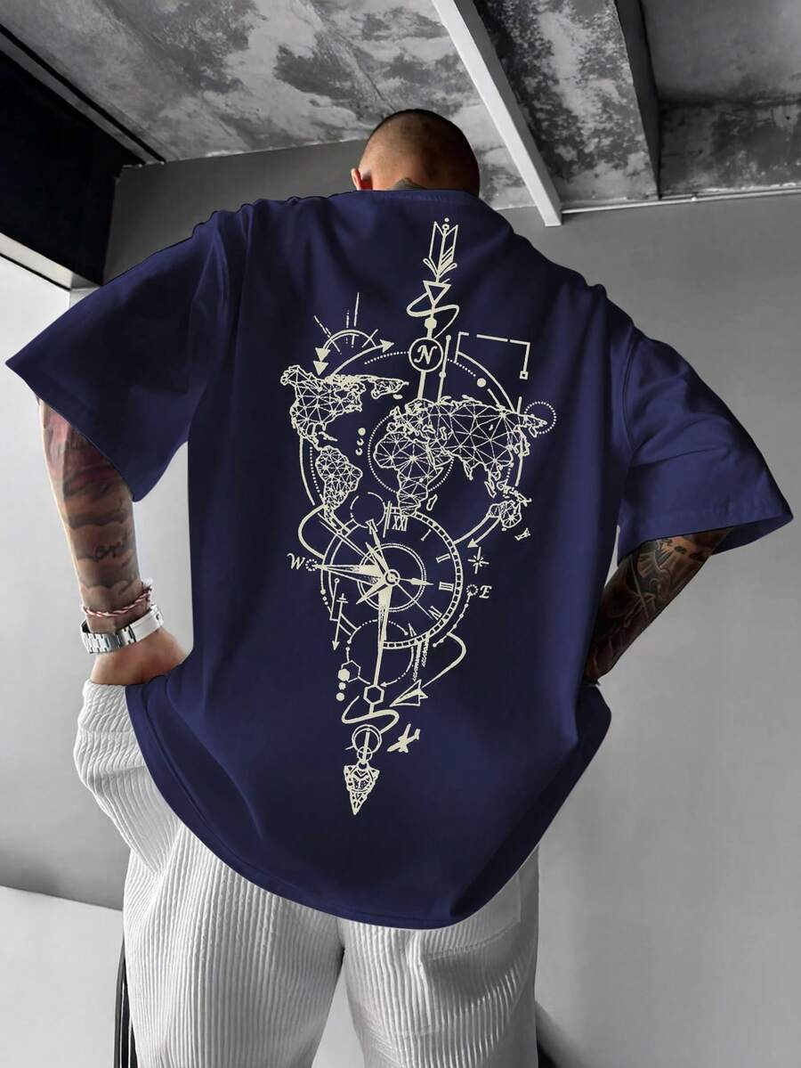 Men Plus Size Summer Nautical Map Print Round Neck T-Shirt, Emo - Navy Blue - View 1