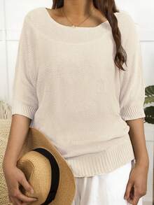 大码女式休闲纯色套头衫，春夏 - 米色 - 查看 2