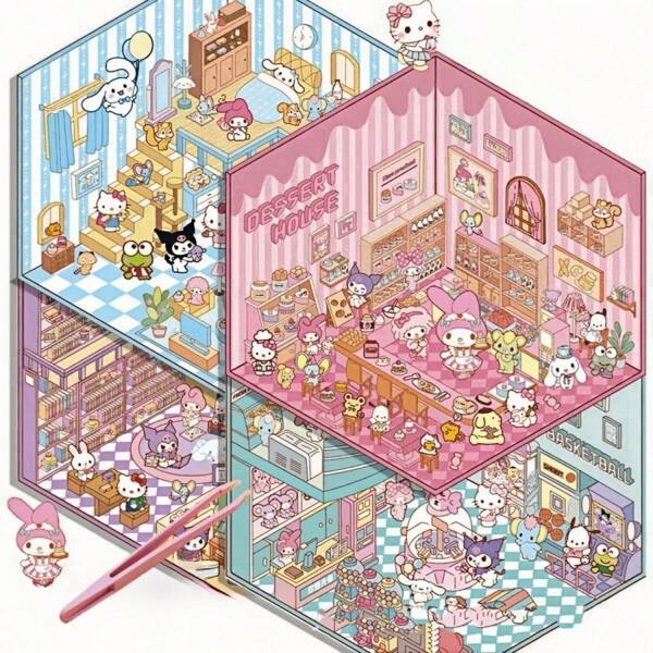 Sanrio 11pcs/7pcs/4pcs Per Set (With Tweezers), Sanrio Cute Cartoon Miniature Scene Stickers For DIY Fun 3D Micro House Decorative Craft, Scrapbooking And Planner Supplies, Pre-Cut Stickers School Supplies,Back To School