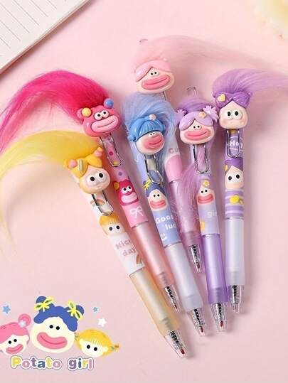 6支随机爆炸头大嘴娃娃凝胶墨水笔，黑色，卡通可爱设计，学生用，0.5毫米笔尖，塑料，防水，轻便，快干，软握，个性化学校用品，返校