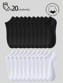 20/10/5/3/1 Pairs Men's Cotton Socks, Short Socks, Invisible Socks, Double-Line Anti-Slip Design, White/Black, Low-Cut Socks, Ankle Socks, Moisture-Wicking, Soft & Breathable, Suitable For Business, Casual, Home, Sports, College Style, All Seasons, Random Color Delivery