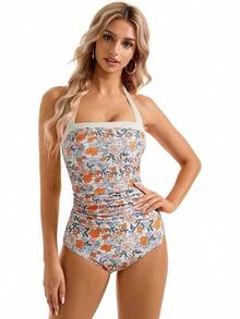 Women Sexy Tummy Control One Piece Swimsuit Halter Retro Bathing Suit - 68 黃色花卉 - 查看 2