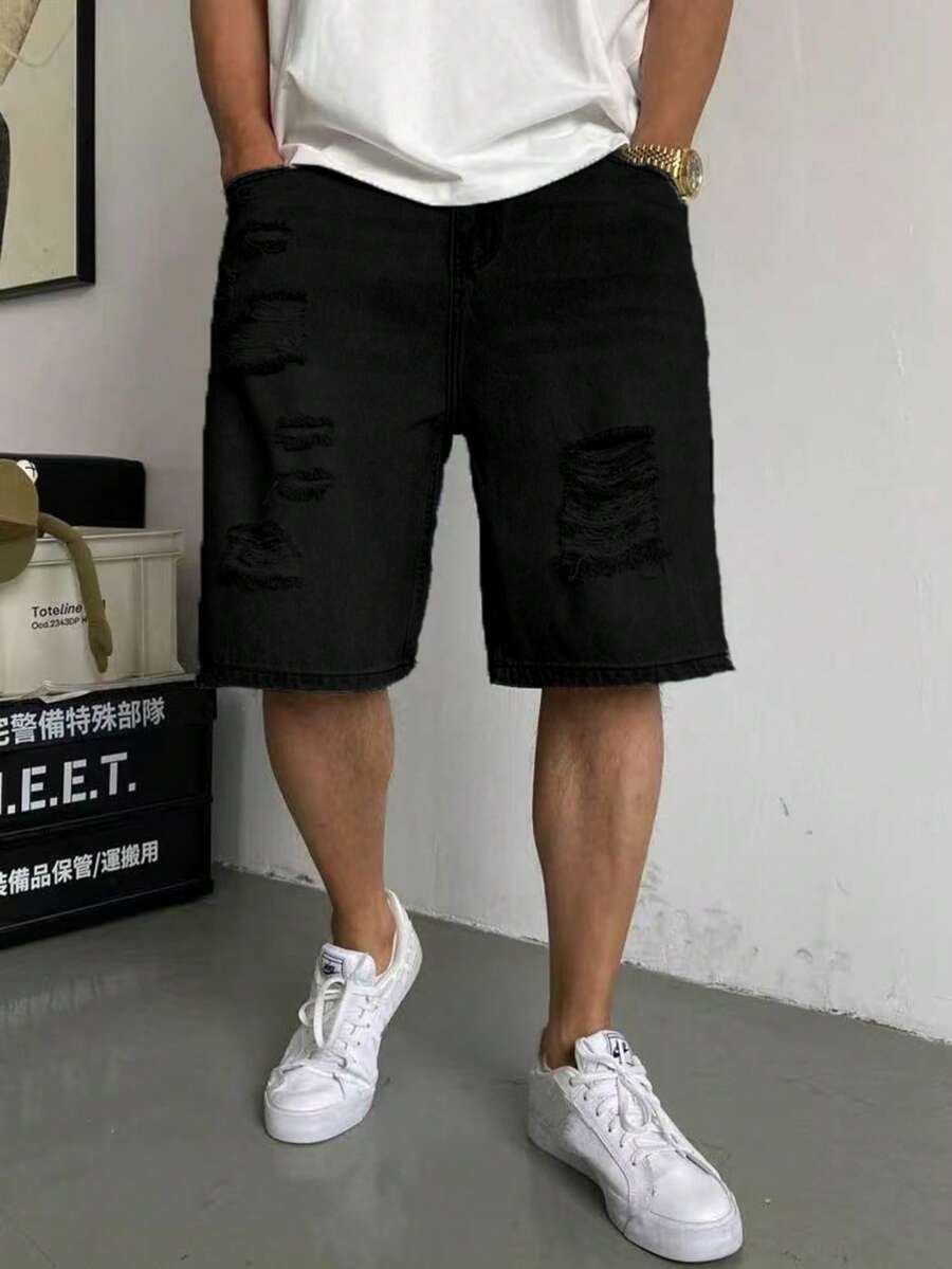 Men's Vintage Washed Distressed Denim Shorts - Black - View 1