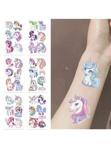 12-1 件闪光粉色独角兽临时纹身，可爱卡通闪光风格防水闪亮彩虹独角兽，生日派对用品装饰品，送给男孩女孩的完美礼物，礼品袋填充物，持续 2-5 天 - 彩色 - 查看 6