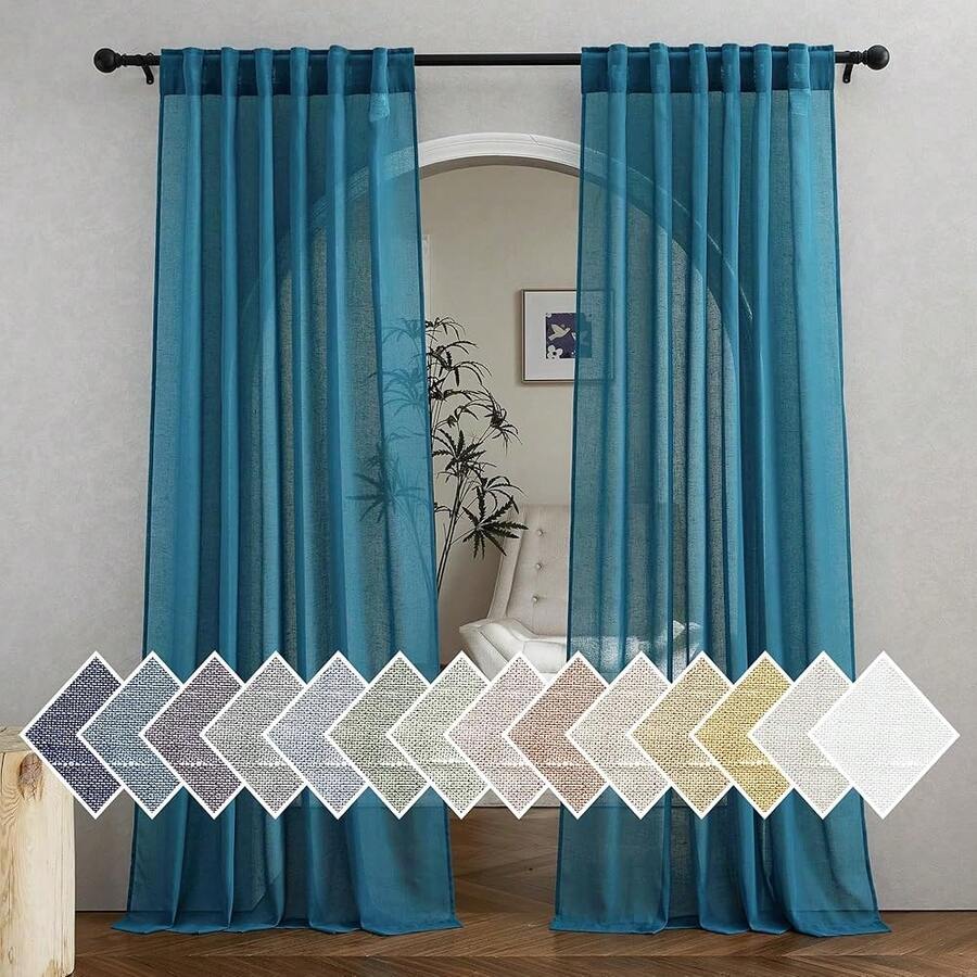 Nuevas cortinas de lino sintético verde pavo real de 240 cm de largo, con bolsillo para varilla y cinta oculta, cortinas de tejido de lino que filtran la luz para la sala de estar, 2 paneles, Ancho 132cm x Largo 240cm - Verde pavo real 52 ancho x 95 largo (paquete de 2) - Ver 1