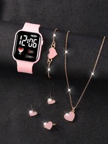 6 件套休闲时尚粉色方形硅胶 LED 数字电子手表和心形手链项链耳环戒指套装，适合儿童最佳生日礼物，适合日常佩戴，夏季促销，返校季