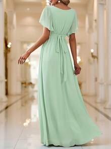 Elegantes Kleid mit V-Ausschnitt, Volantärmeln und Chiffon, mit Trompetenärmeln - Hellgrün, geeignet für Erwachsene festliche Anlässe, formelles Partykleid mit Chiffon-Volantärmeln