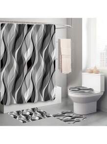 4pcs/Set Modern Abstract Wave White & Gray Striped Shower Curtain Set, Waterproof Shower Curtain With 12 Hooks, Bathroom Non-Slip Mat, U-Shaped Toilet Mat And Round Toilet Lid Cover, Bathroom Set For Full Scene Use Back To School