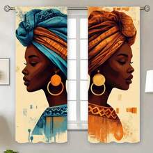 2pcs 100% Polyester Washable Curtain With African Woman Print In Blue & Orange Color, Suitable For Living Room & Bedroom - Multicolor - View 9