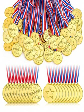 10/30/50pcs Gold Plastic Mini Awards Medals, Multipurpose Party Favors, Suitable For Games And Celebratory Events, Basket Fillers, Perfect For Parties, Games, Sports Competitions, Talent Shows, Spelling Bees, Birthday Parties, And Group Activities. Durable PP Material, Ideal For Games And Celebrations.