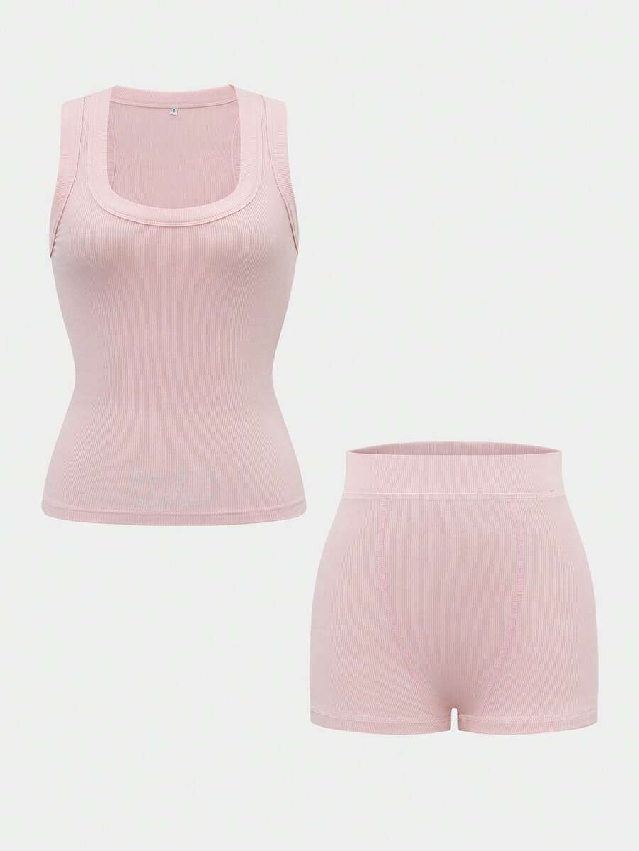 Women's Two Pieces Running Exercise Sports Leisure Home I-Vest And Tight Shorts Set - Cherry Blossom Pink - View 1