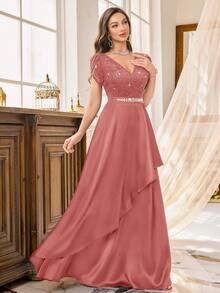 MIUSOL فستان سهرة ماكسي مزين بالترتر والدانتيل بياقة على شكل حرف V وأكمام على شكل بتلات والخصر غير متماثل ومنسدل والبطانة من السان، فستان سهرة أنيق للنساء، ثوب سهرة رسمي، فستان حفل كبير، لضيوف الزفاف، التخرج، العشاء