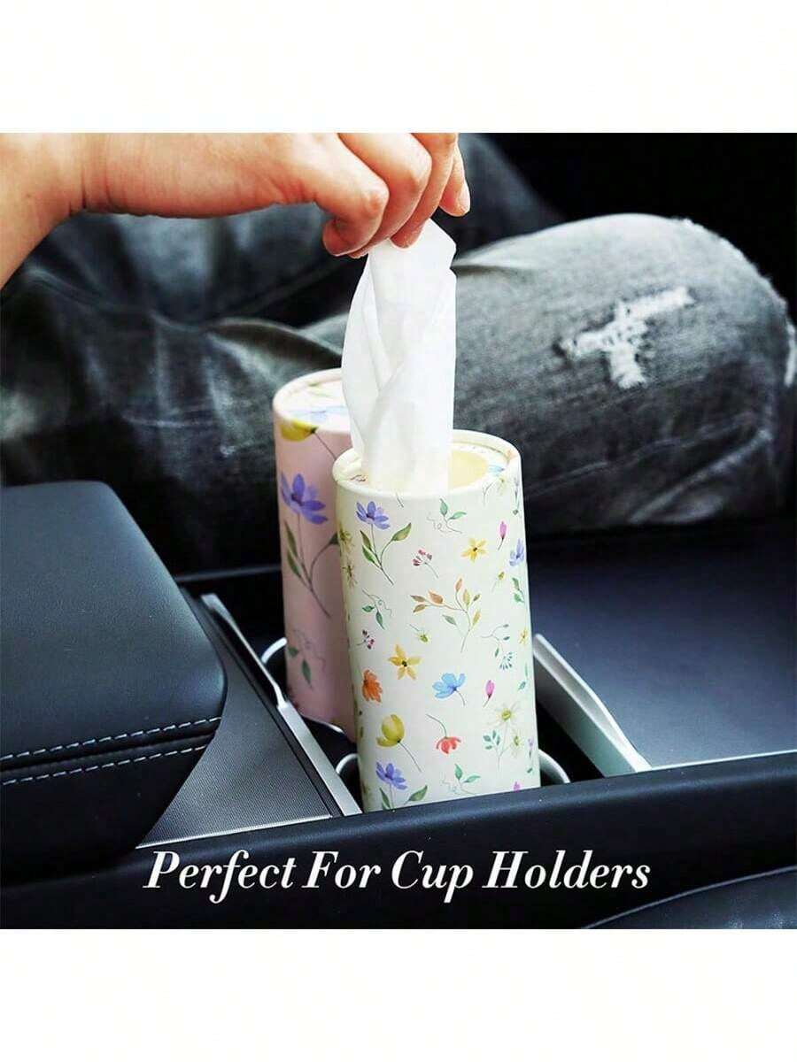 2pcs/4pcs Car Tissue Paper Holder, Each With 50 Sheets Of 3-Ply 7.1x7.1inch Floral Printed Paper Tissues - Portable Travel Tissue Box Fit For Cup Holder, Circular Car Tissue Dispenser - Pink - View 1