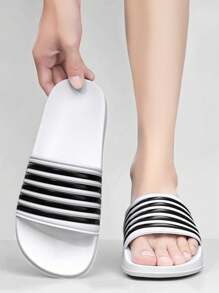 Teenager Black & White Striped Contrast Color Slip-On Slippers, Casual Beach/Outdoor, School Student Shower/Pool Slides, Sports Sandals, Thick Soft Comfortable