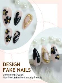 24片3D法式美甲贴纸，中号杏仁形，扎染花卉金线装饰，简约风格，光泽表面，全覆盖假指甲，适合女性和女孩日常佩戴，美甲用品。