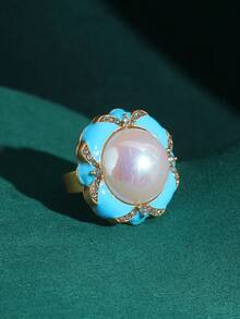 4 件套法式珐琅蓝花瓣仿珍珠镶嵌耳环和戒指首饰套装