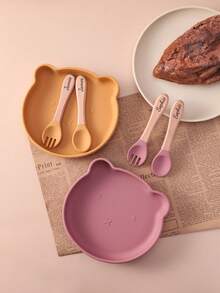 3PCS Personalized Customization Name Baby Silicone Tableware Set Wooden Handle Spoon Fork Cartoon Bear Dishes Snack Plates Custom Baby Stuff Winter Eve Gifts Back To School Winter Gift Ideas Boy Girl Valentine's Day Multi-Functional, Ornamental, Letter Exquisite, Stylish, Baby Fashion, Soft Squishy, Colorful, Cute Kawaii Adorable Unique, Customized Treasurefinds, Baby Gifts, Cute Baby For Children's Day