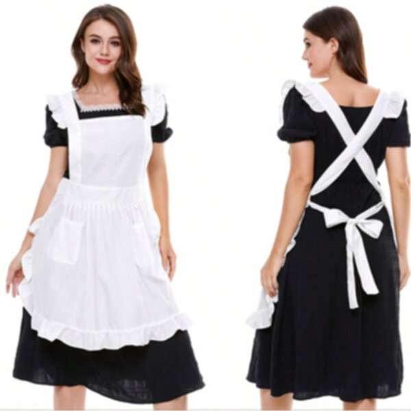1pc Polyester Adjustable Kitchen Cooking Apron - Vintage Maid Style Baking Apron With Pocket