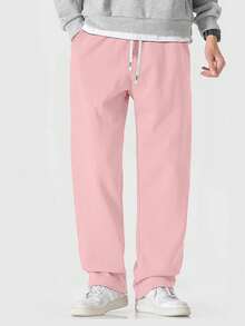 男士抽绳腰口袋休闲直筒针织运动裤，春秋季 - 粉色 - 查看 7