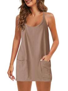 Womens Sleeveless Athletic Hot Shot Mini Dress With Built-In Shorts Sundress - 咖啡棕 - 查看 7