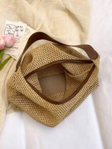 夏季草编单肩托特包，配迷你小袋 - 咖啡棕 - 查看 8