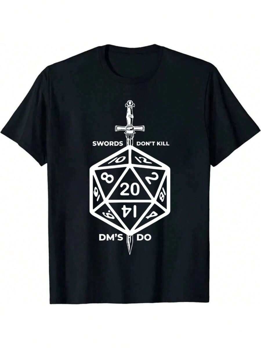 Men's Clothing Sword And Dice Fantasy Print T-Shirt, Funny Graphic Loose Fit Plus Size 100% Cotton, Street Style Casual Comfortable Daily Wear, Printed Q-Neck Machine Washable, Suitable For All Seasons Fathers Dad Gift - Black - View 1