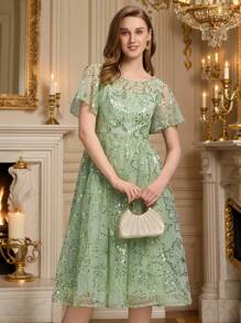 EVERPRETTY Summer Luxury Round Neck Exquisite Sequin Midi Sage Green Prom Dress Women Suitable For Weddings, Birthdays, Dinner,Party