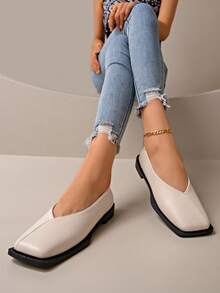 2025女款时尚珍珠漆皮复古方头玛丽珍平底鞋，百搭春秋乐福鞋，2025新款热销女士平底鞋 - 米色 - 查看 6