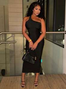 Alexandranx Solid Color Asymmetrical V-Neck Slim Fit Backless Dress Maxi Women Outfit - Black - View 7